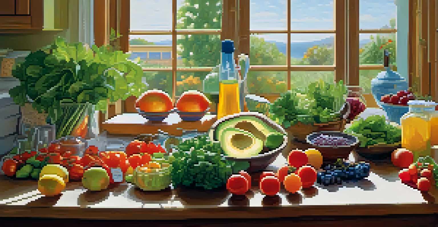 A kitchen with fresh fruits and vegetables on a table, highlighting healthy meal preparation.