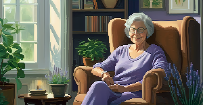 An older woman relaxing in a cozy living room, enjoying the scent of lavender essential oil from a diffuser.