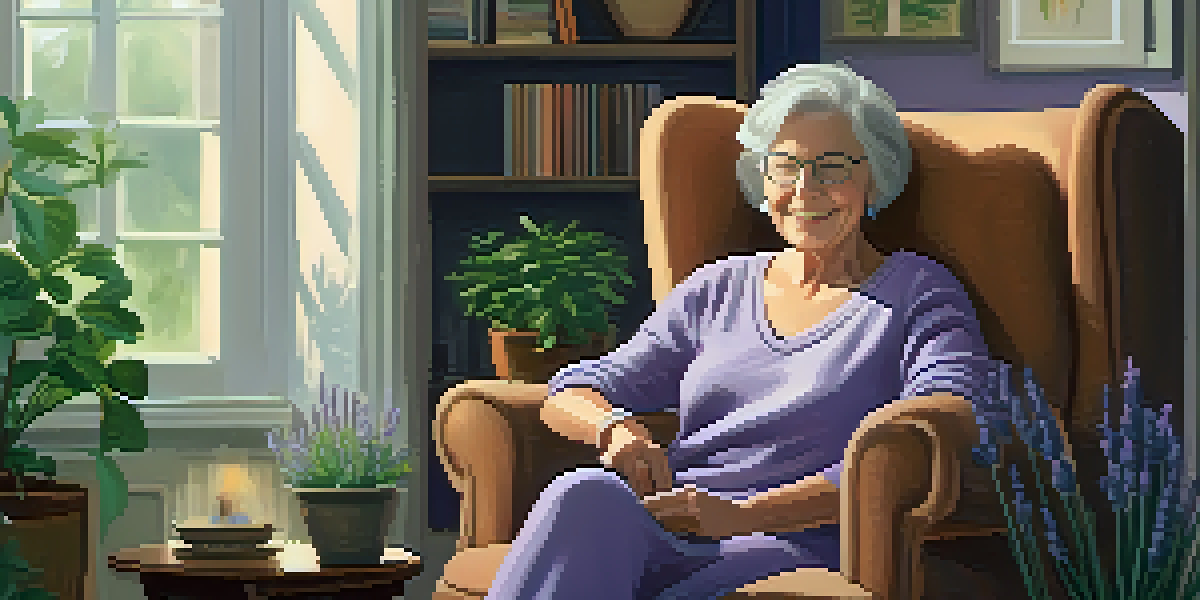 An older woman relaxing in a cozy living room, enjoying the scent of lavender essential oil from a diffuser.