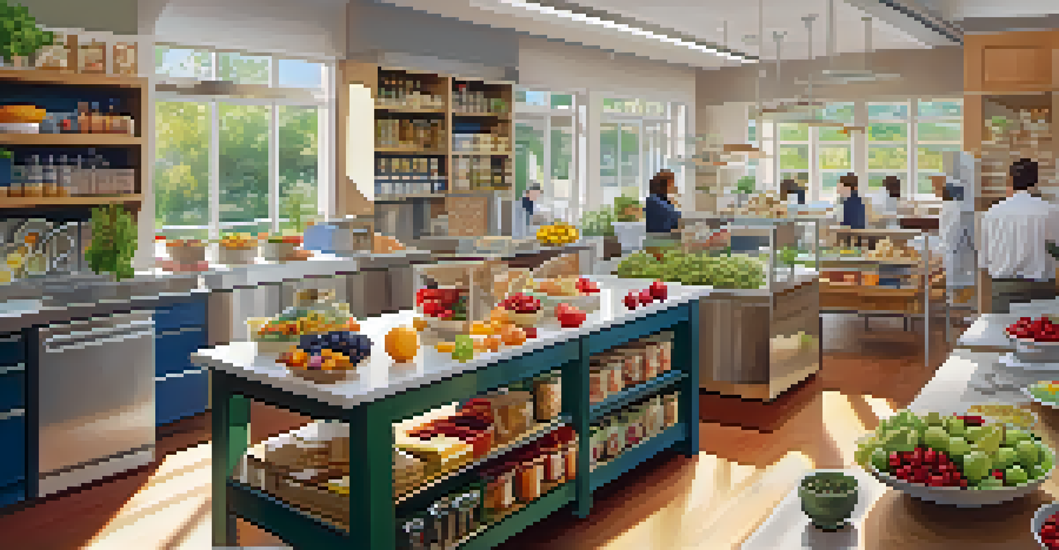 A bright workplace kitchen filled with healthy snacks and employees enjoying nutritious food.