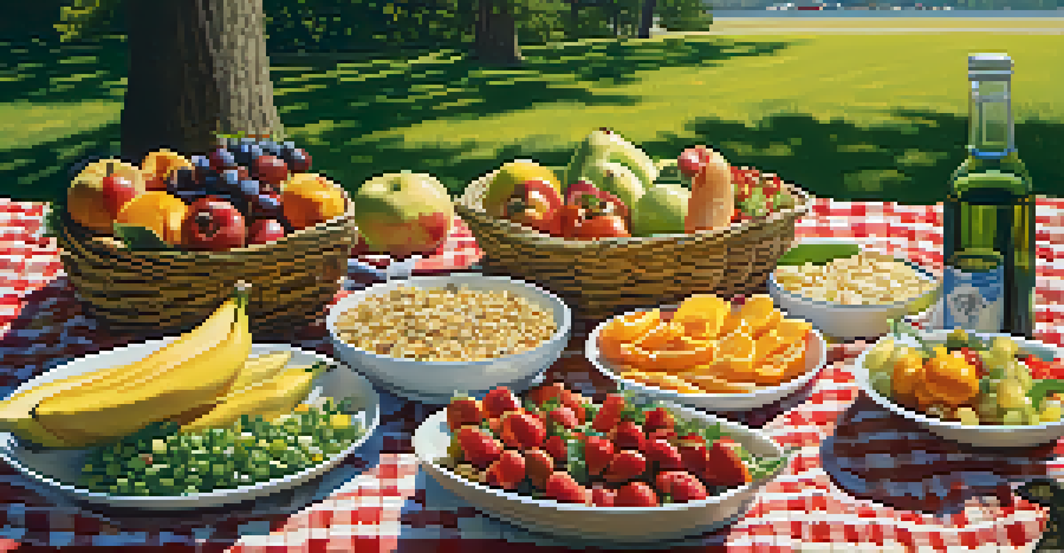 A vibrant outdoor picnic with a variety of healthy foods arranged on a checkered blanket under sunlight.