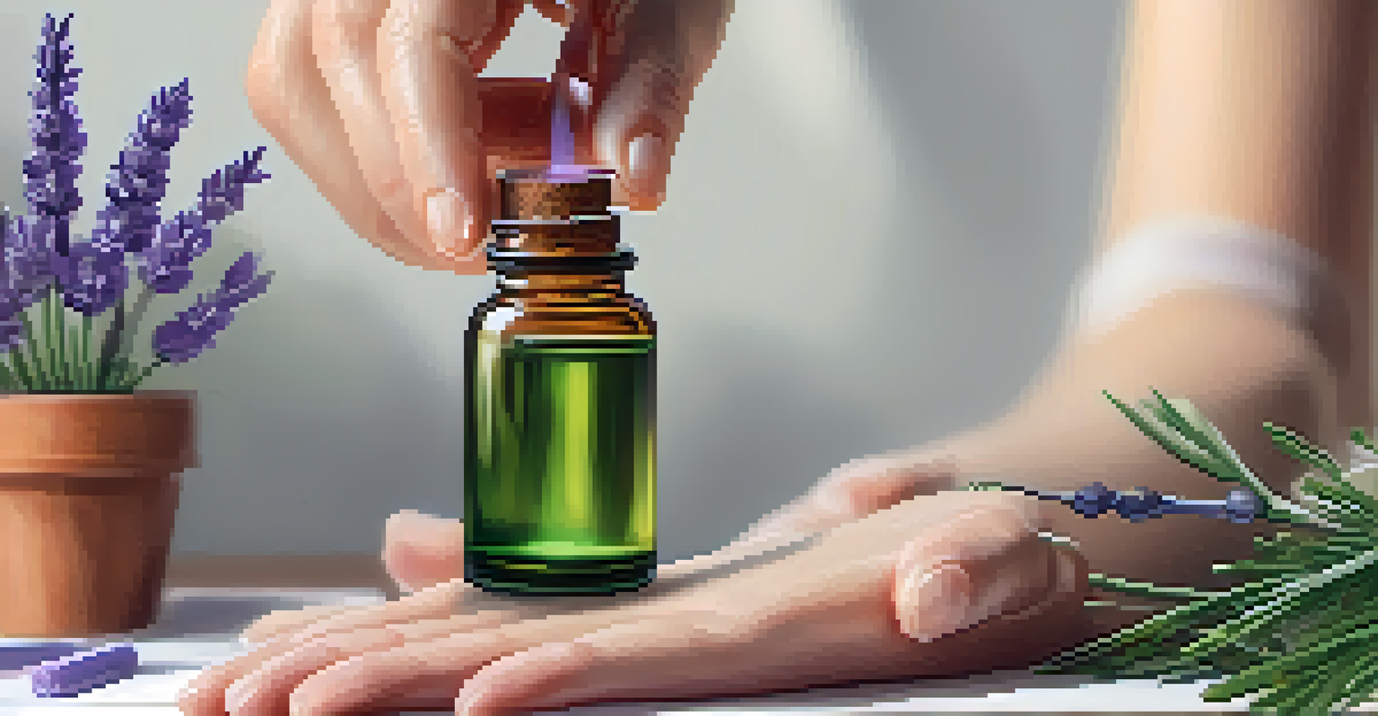 A hand applying lavender essential oil to the wrist, with a calming desk setting in the background.
