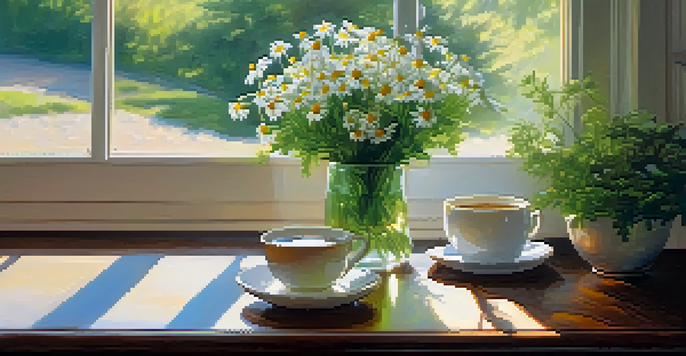 A cozy corner with a steaming cup of chamomile tea, soft sunlight filtering through a window, and delicate chamomile flowers in a vase.