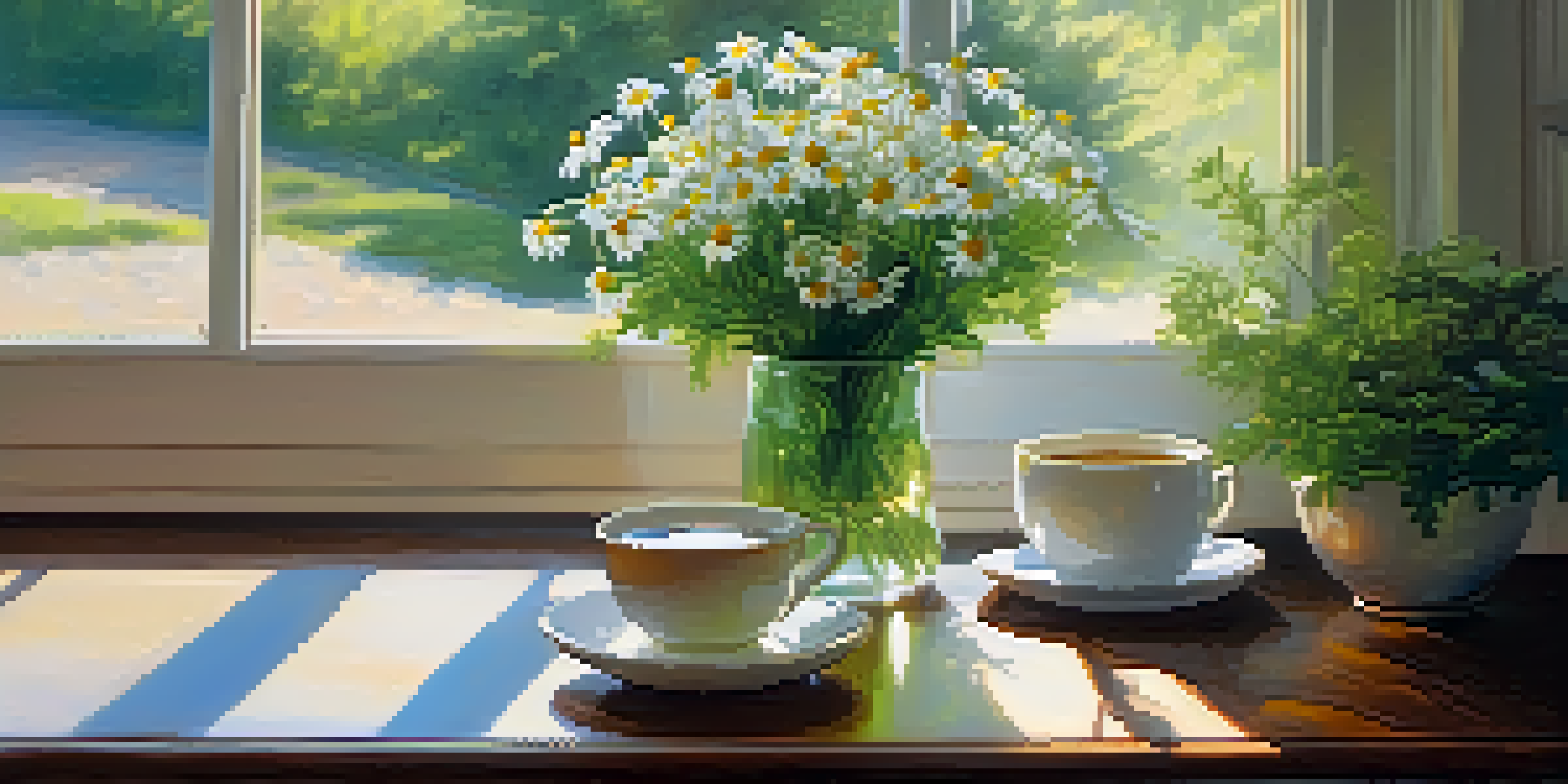 A cozy corner with a steaming cup of chamomile tea, soft sunlight filtering through a window, and delicate chamomile flowers in a vase.