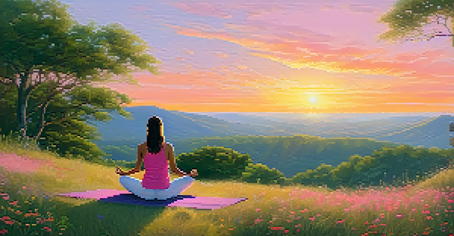 A person meditating on a hilltop at sunrise, surrounded by trees and wildflowers, reflecting peace and tranquility.