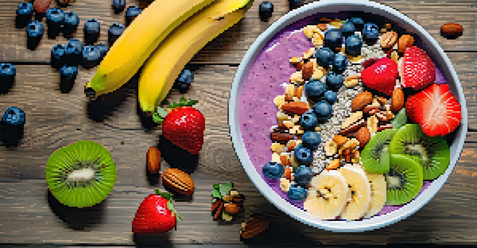 A close-up of a colorful smoothie bowl topped with fruits and seeds on a wooden table.