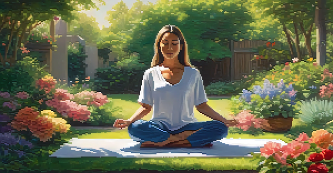 A person meditating in a peaceful garden filled with greenery and flowers, with sunlight filtering through the leaves.