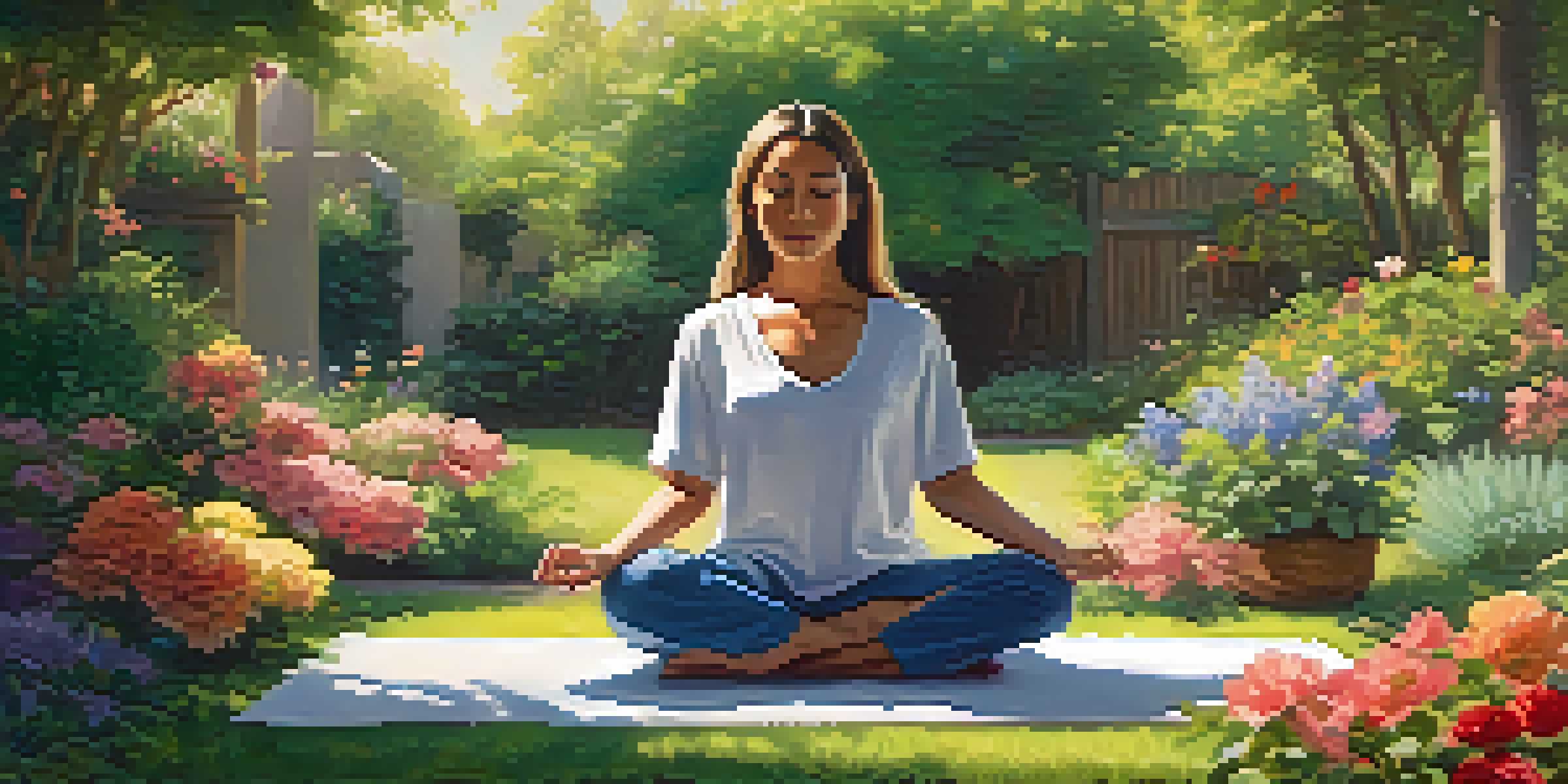 A person meditating in a peaceful garden filled with greenery and flowers, with sunlight filtering through the leaves.