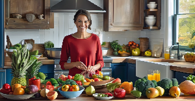A person cooking in a bright kitchen with fresh fruits and vegetables on a table.