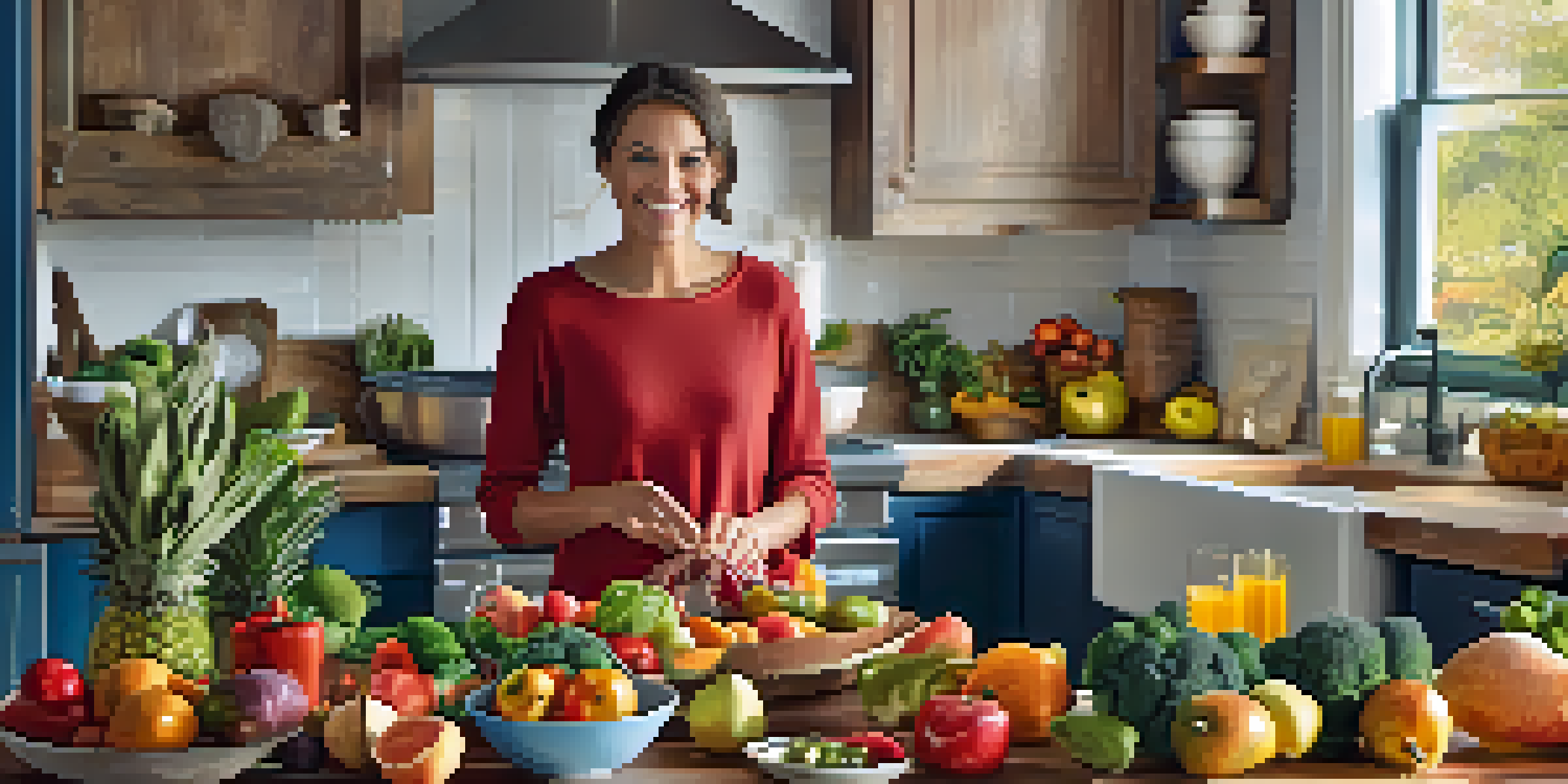 A person cooking in a bright kitchen with fresh fruits and vegetables on a table.