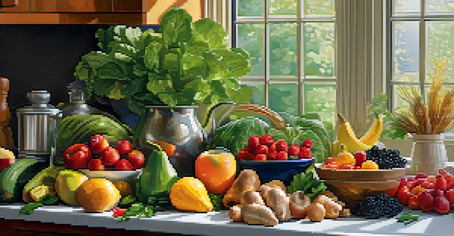 A colorful array of fresh fruits and vegetables on a kitchen countertop, promoting healthy eating.