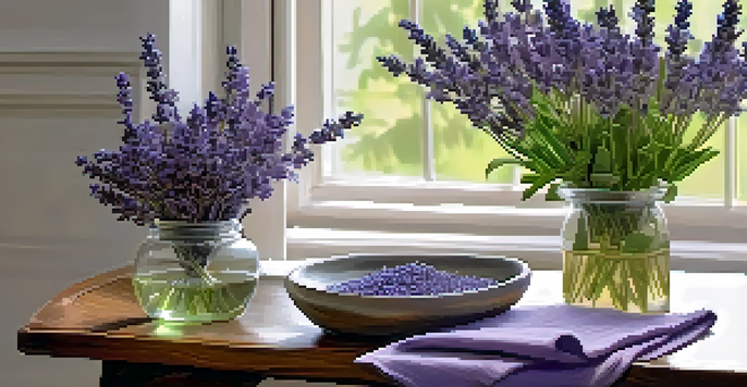 A wooden table with a lavender essential oil bottle, fresh lavender flowers, and candles in a softly lit room.