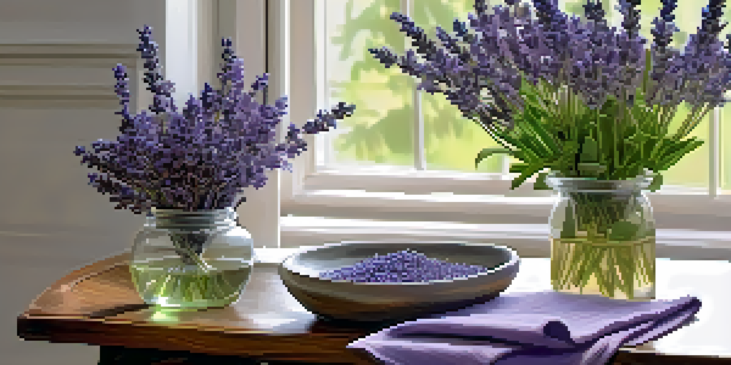 A wooden table with a lavender essential oil bottle, fresh lavender flowers, and candles in a softly lit room.
