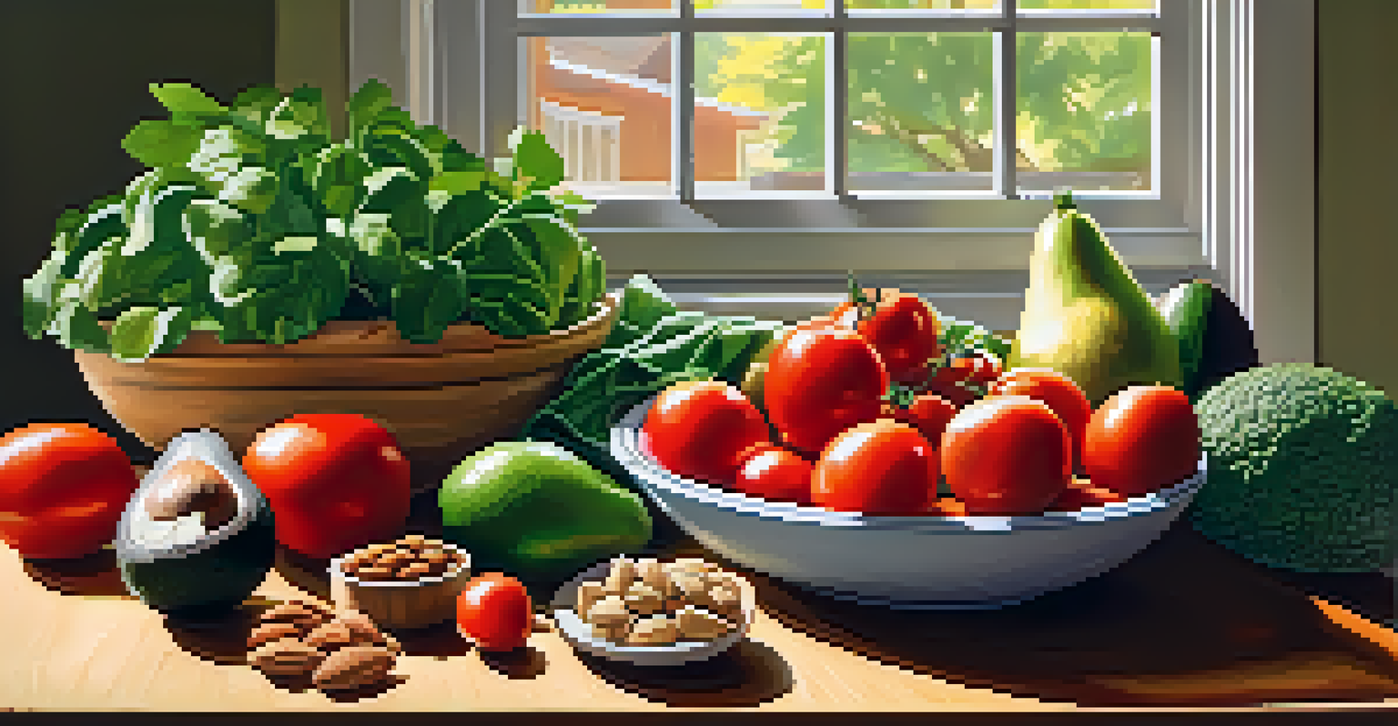A colorful kitchen countertop filled with fresh whole foods like leafy greens, tomatoes, and nuts, illuminated by warm sunlight.