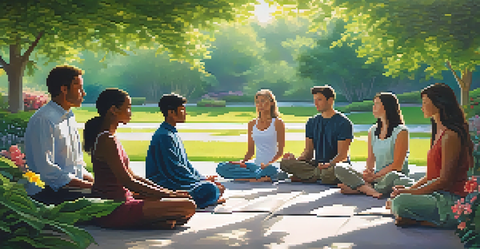 A diverse group of people meditating in a sunny garden, surrounded by greenery and flowers.