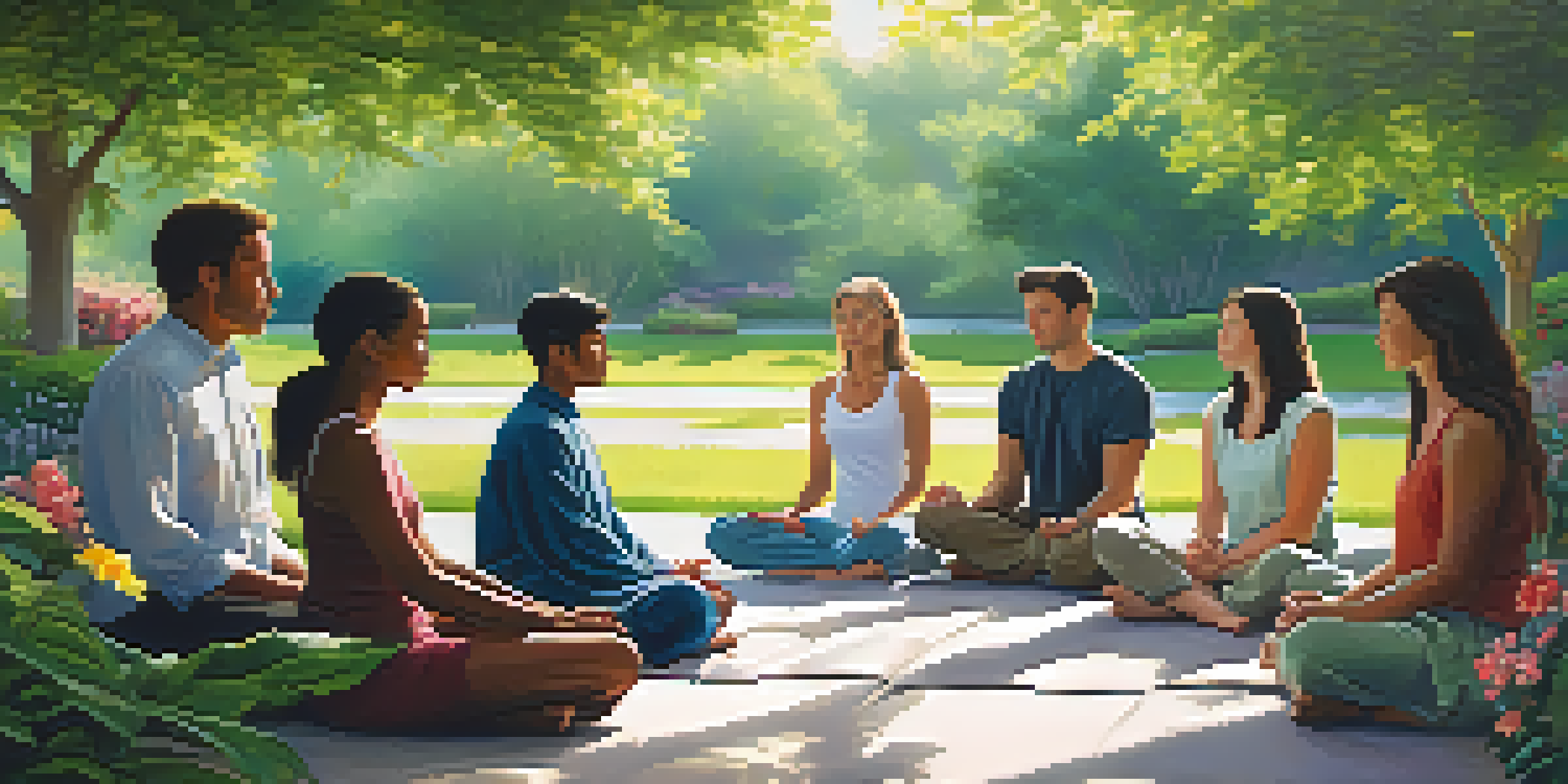 A diverse group of people meditating in a sunny garden, surrounded by greenery and flowers.