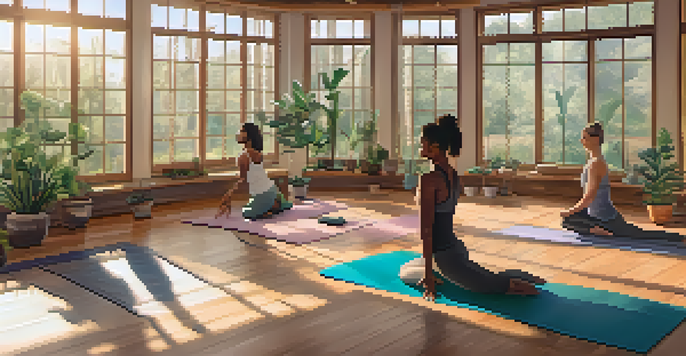 A diverse group of individuals practicing yoga in a bright studio with large windows and plants, creating a peaceful environment.