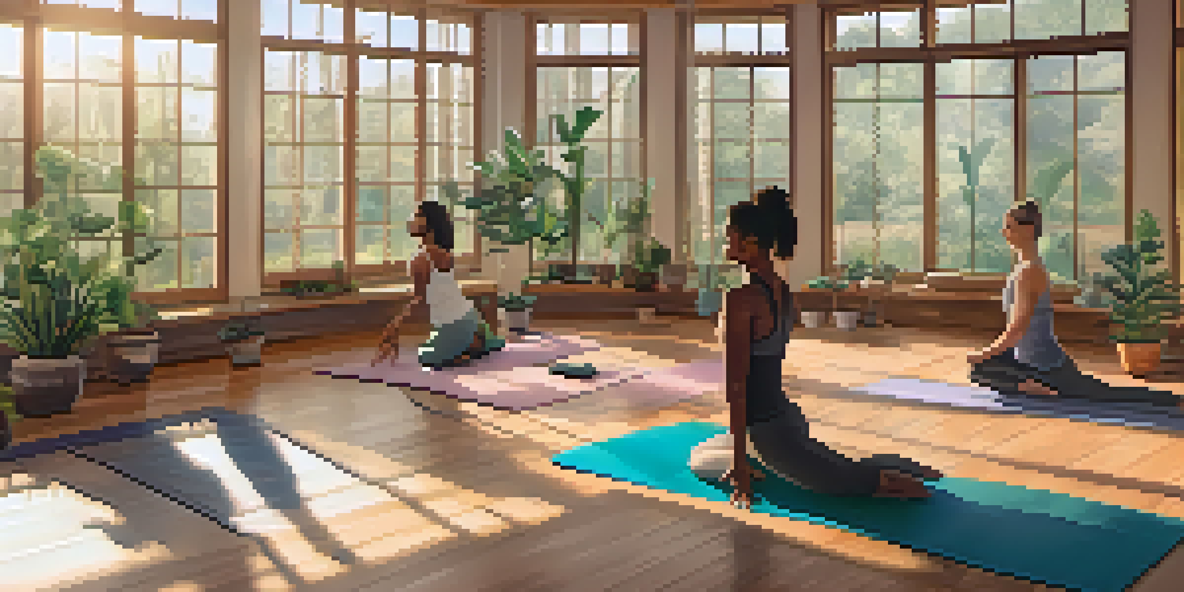 A diverse group of individuals practicing yoga in a bright studio with large windows and plants, creating a peaceful environment.