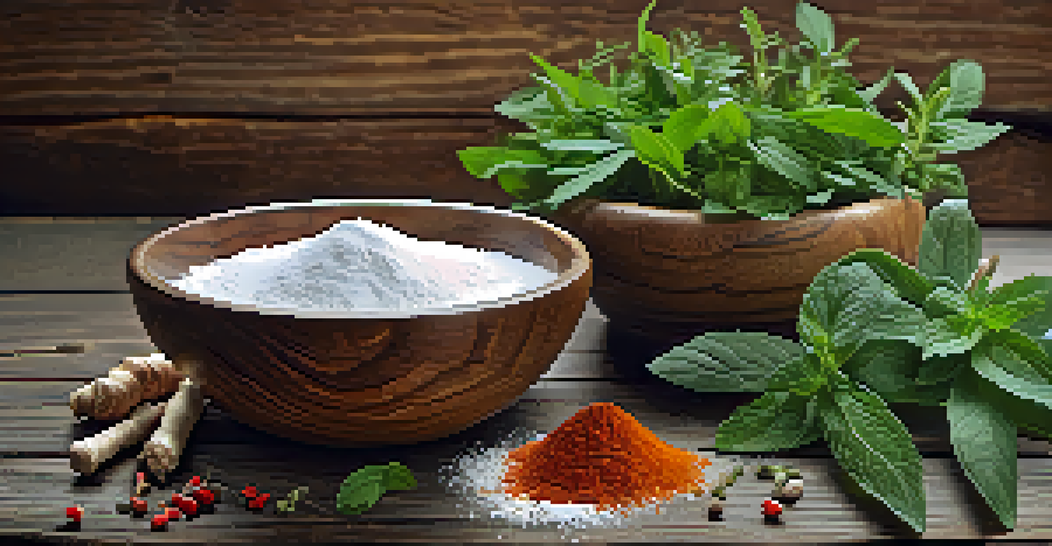 An arrangement of ginger, peppermint, and capsaicin powder on a rustic wooden background, softly lit for a cozy feel.