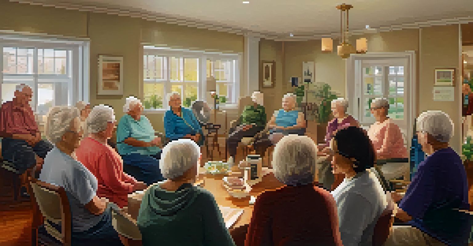 Elderly individuals participating in a cheerful community exercise class in a cozy room, promoting healthy aging.