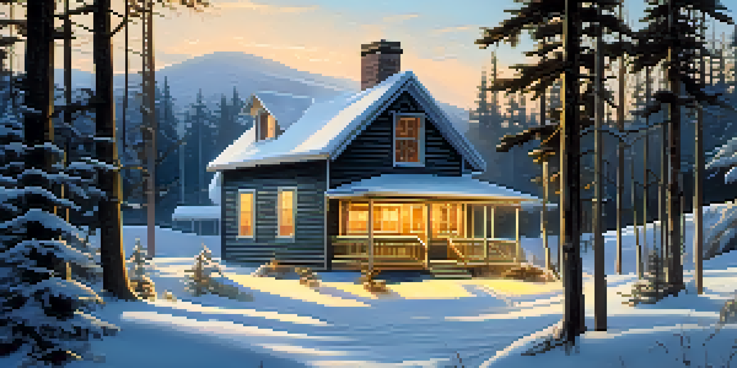A cozy cabin in a snow-covered winter landscape with smoke rising from the chimney and soft golden light from the windows.