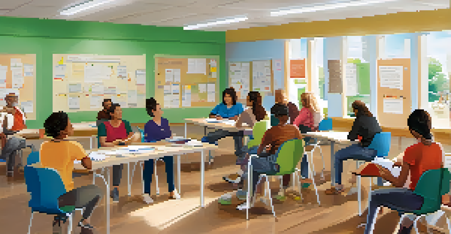 A community health literacy workshop with diverse adults learning about health, surrounded by colorful educational posters.