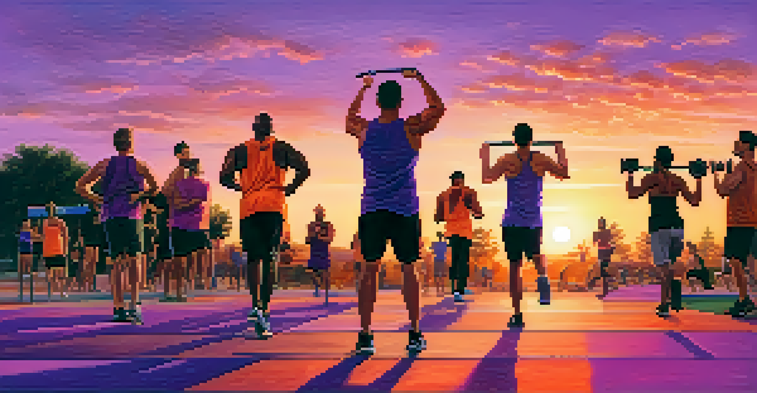 A sunset outdoor fitness area with men exercising in different activities, surrounded by a colorful sky.