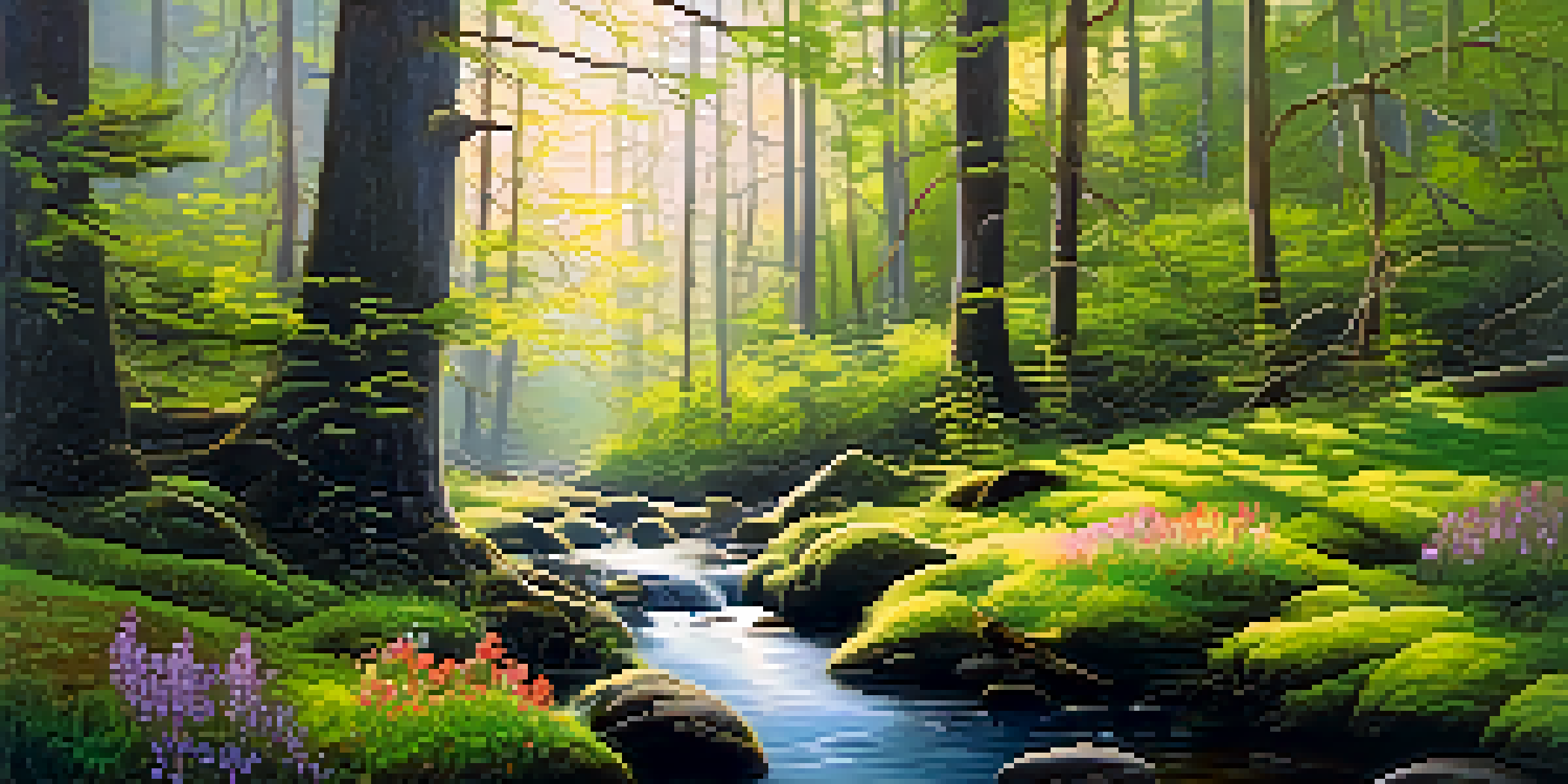 A tranquil forest with sunlight filtering through trees, a small stream, and vibrant wildflowers, representing holistic health.