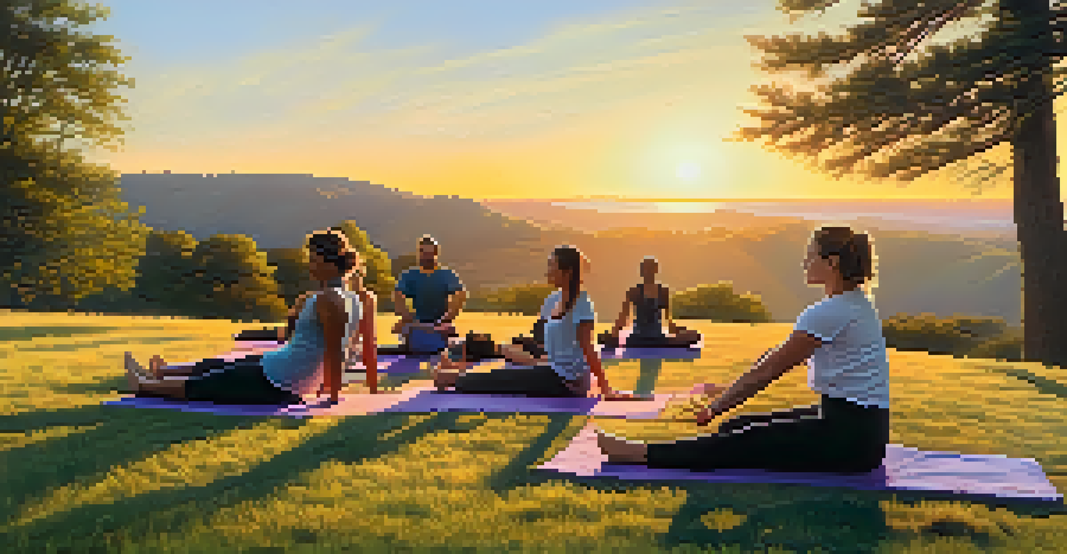 A diverse group of people practicing yoga on a hill at sunrise, performing the supine spinal twist pose.