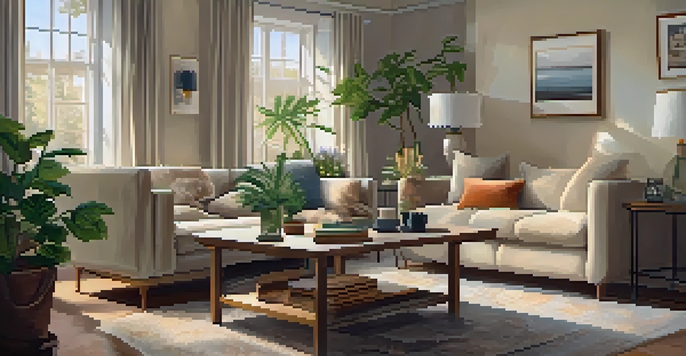 A couple in a cozy living room, sitting on a sofa and engaged in deep conversation, with warm lighting and a relaxed atmosphere.