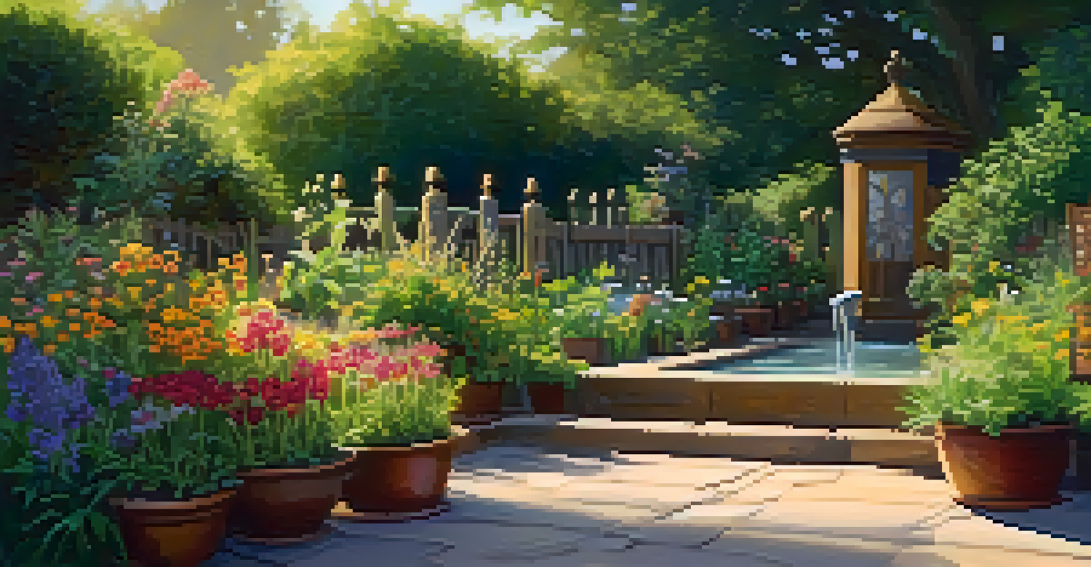 A colorful herbal garden filled with diverse plants and flowers, in warm sunlight.