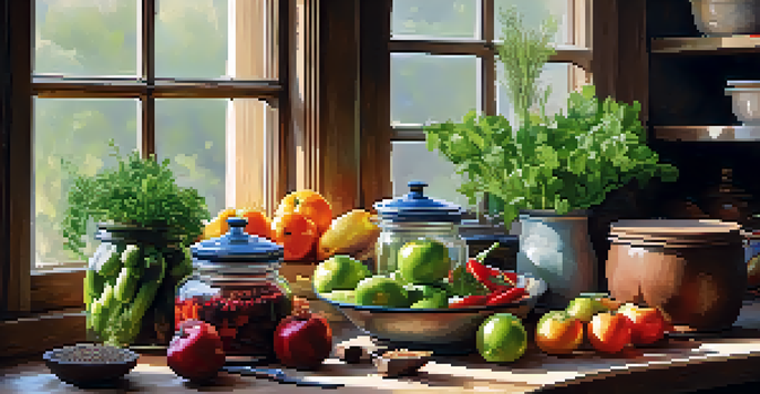 A warm kitchen with vegetables, fruits, and herbs on a wooden countertop, illuminated by soft light from a window.