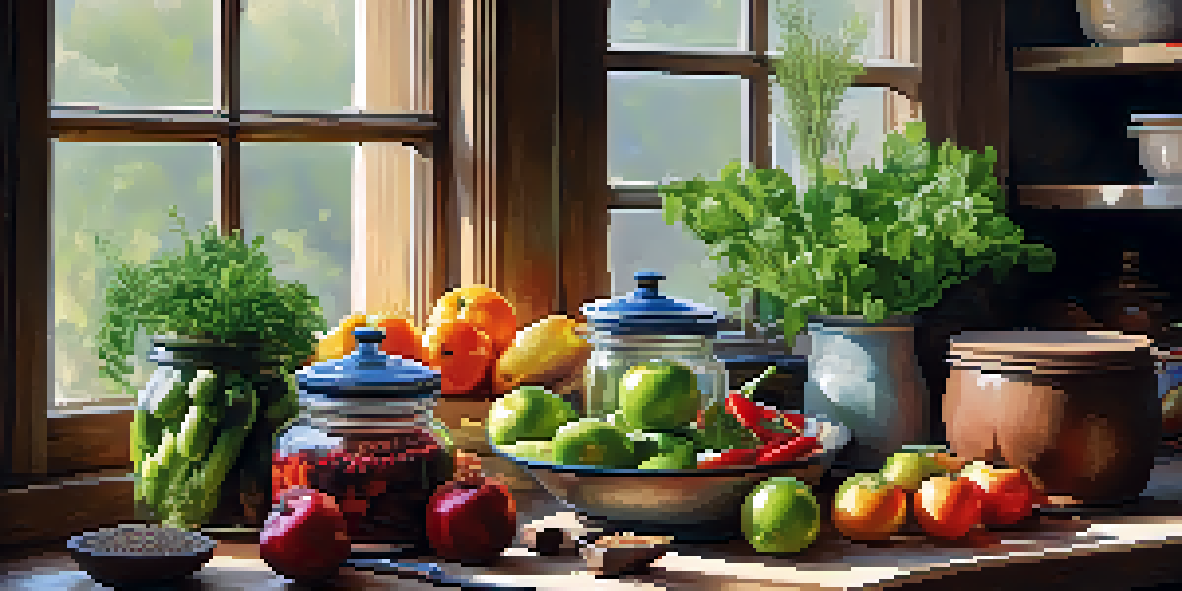 A warm kitchen with vegetables, fruits, and herbs on a wooden countertop, illuminated by soft light from a window.