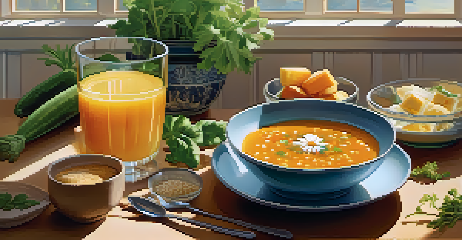 A table with nourishing foods like soup, smoothie, and ginger tea in a cozy kitchen.
