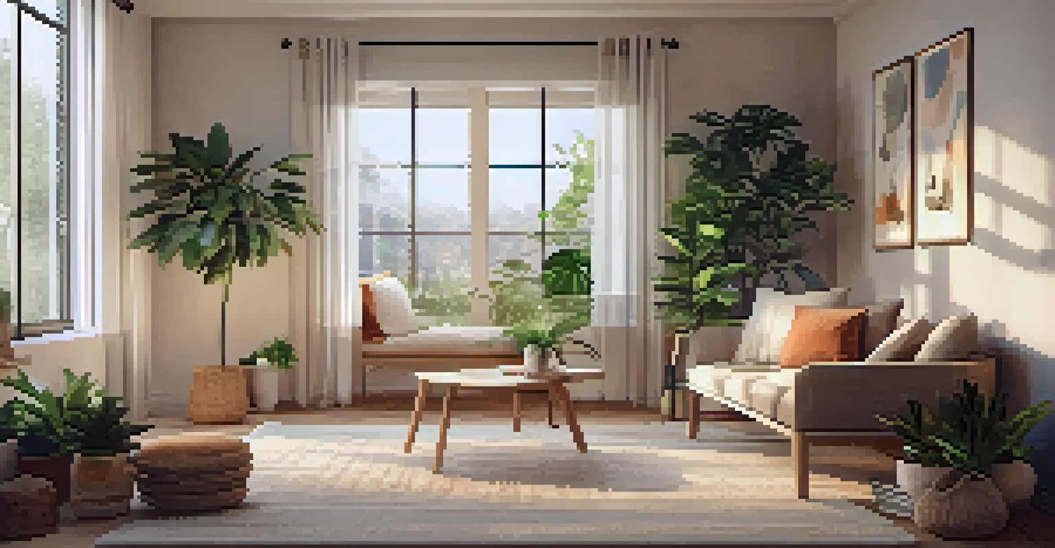 A cozy indoor reading nook with plush cushions, a small indoor plant, and warm lighting, creating a calm atmosphere for relaxation and mindfulness.