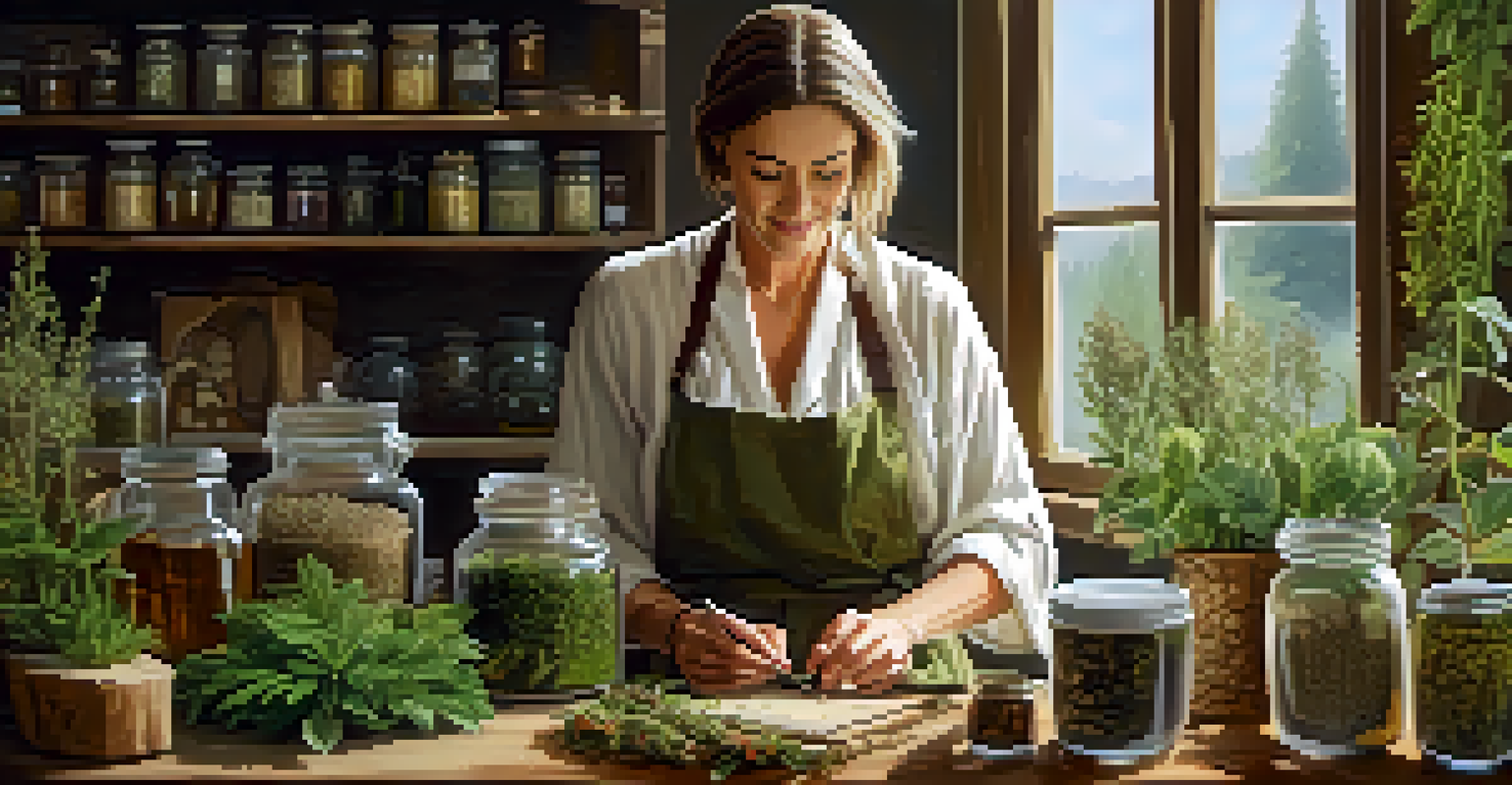 A naturopathic practitioner measuring herbs for remedies in a cozy workspace.