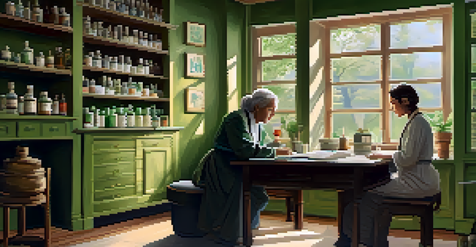 A homeopathy practitioner and a patient engaged in a consultation in a bright, cozy room filled with natural light and herbal remedies.