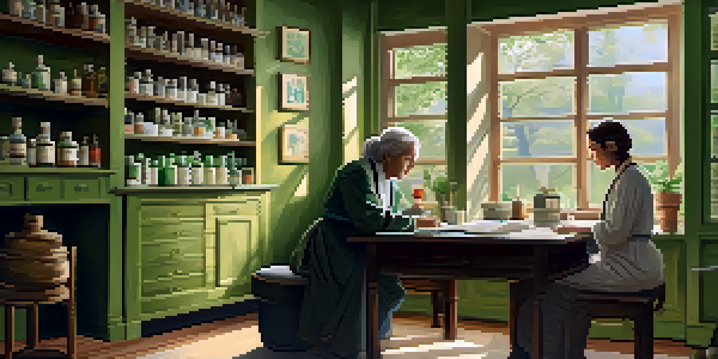 A homeopathy practitioner and a patient engaged in a consultation in a bright, cozy room filled with natural light and herbal remedies.