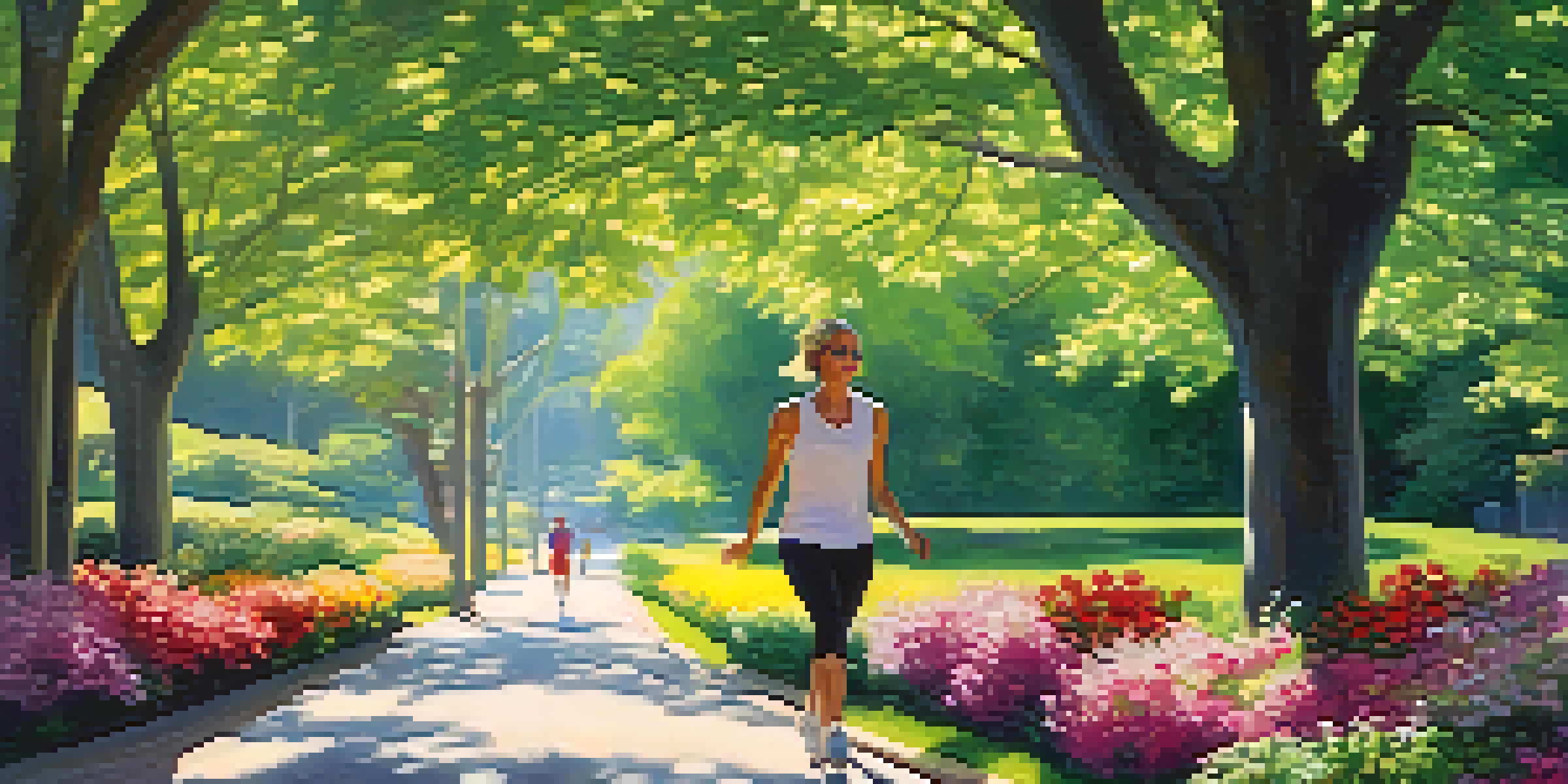 A person walking in a sunny park, surrounded by greenery and flowers, looking content and relaxed.