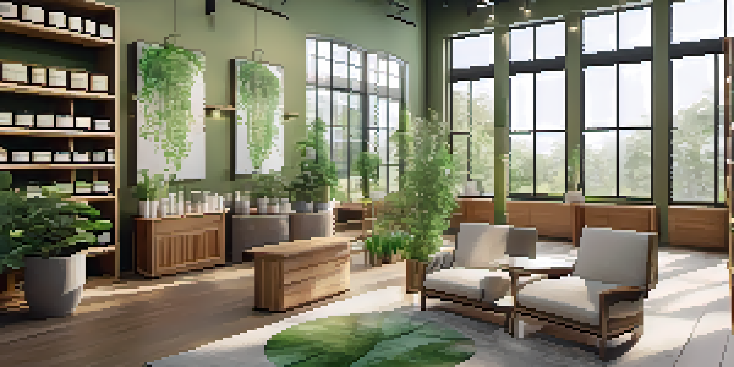 An interior view of a naturopathic clinic with wooden furniture and green plants, illuminated by natural light.