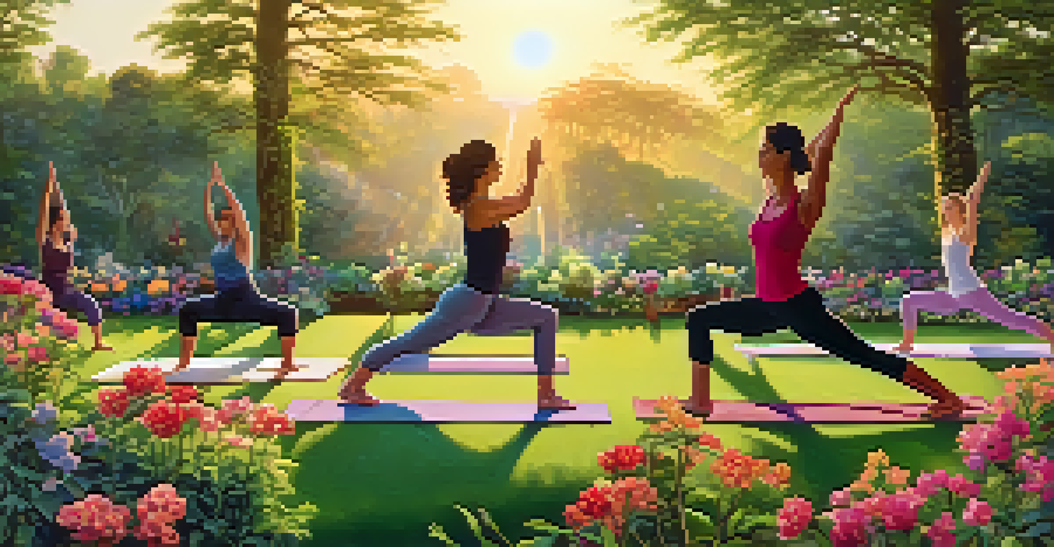 A tranquil garden with people practicing gentle yoga during sunset, surrounded by greenery and colorful flowers.