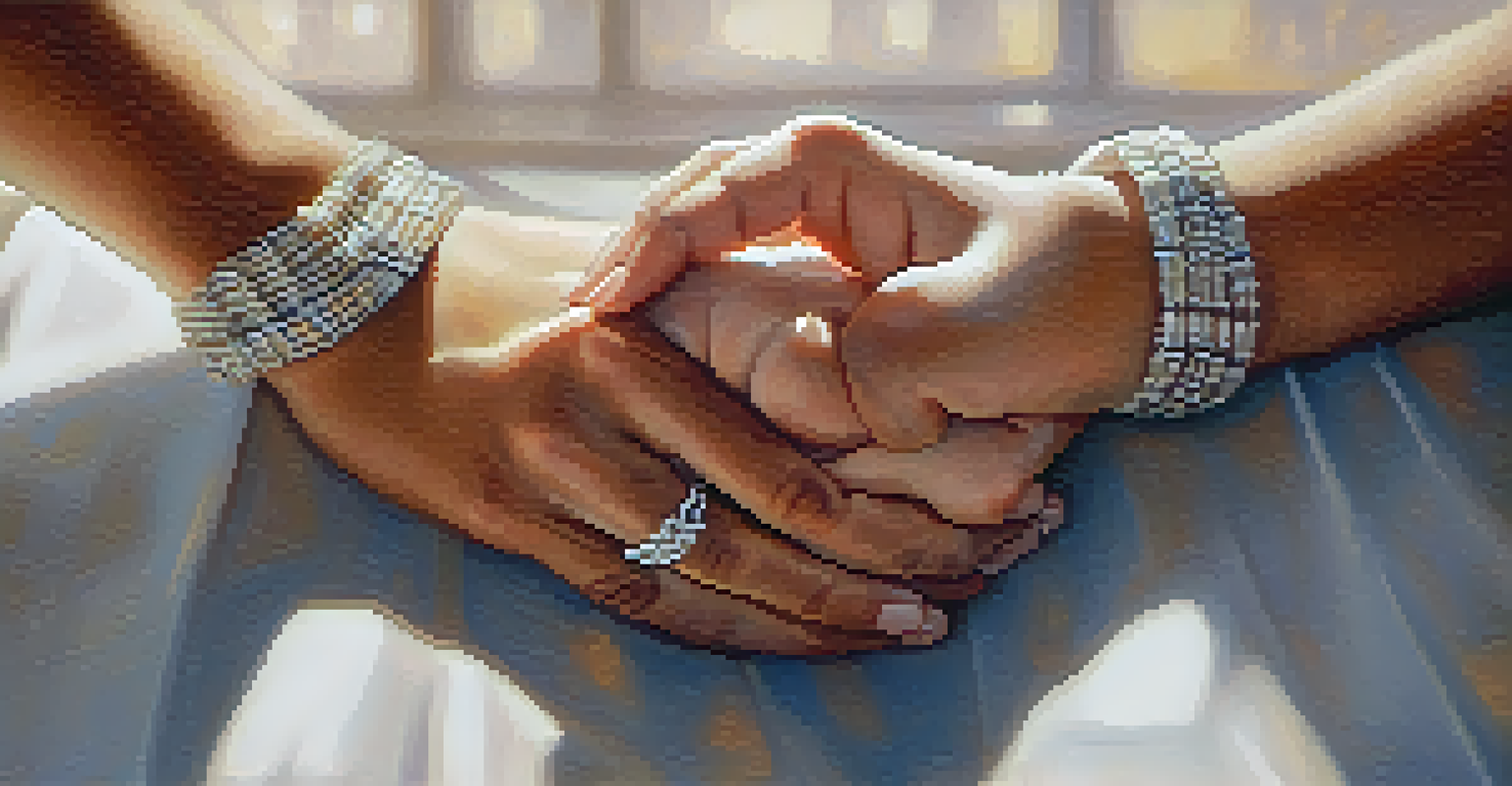Close-up of two hands holding each other, symbolizing empathy and connection in a warm environment.