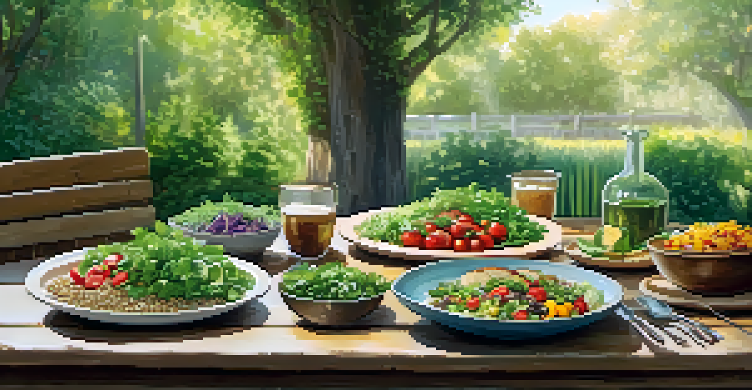 A rustic outdoor table set for a healthy meal, featuring colorful salads and whole grains, surrounded by lush greenery and sunlight filtering through trees.