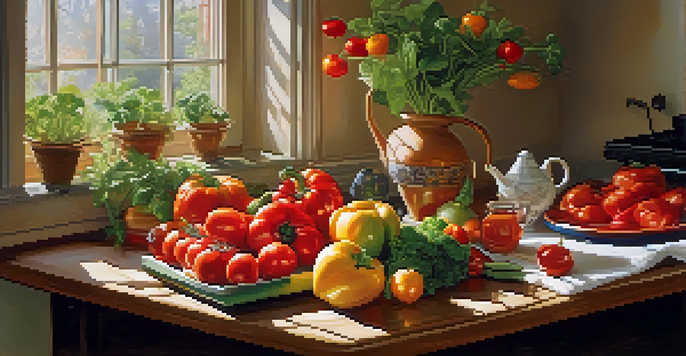 A cozy kitchen table filled with fresh fruits and vegetables, along with a cup of ginger tea, illuminated by warm sunlight.