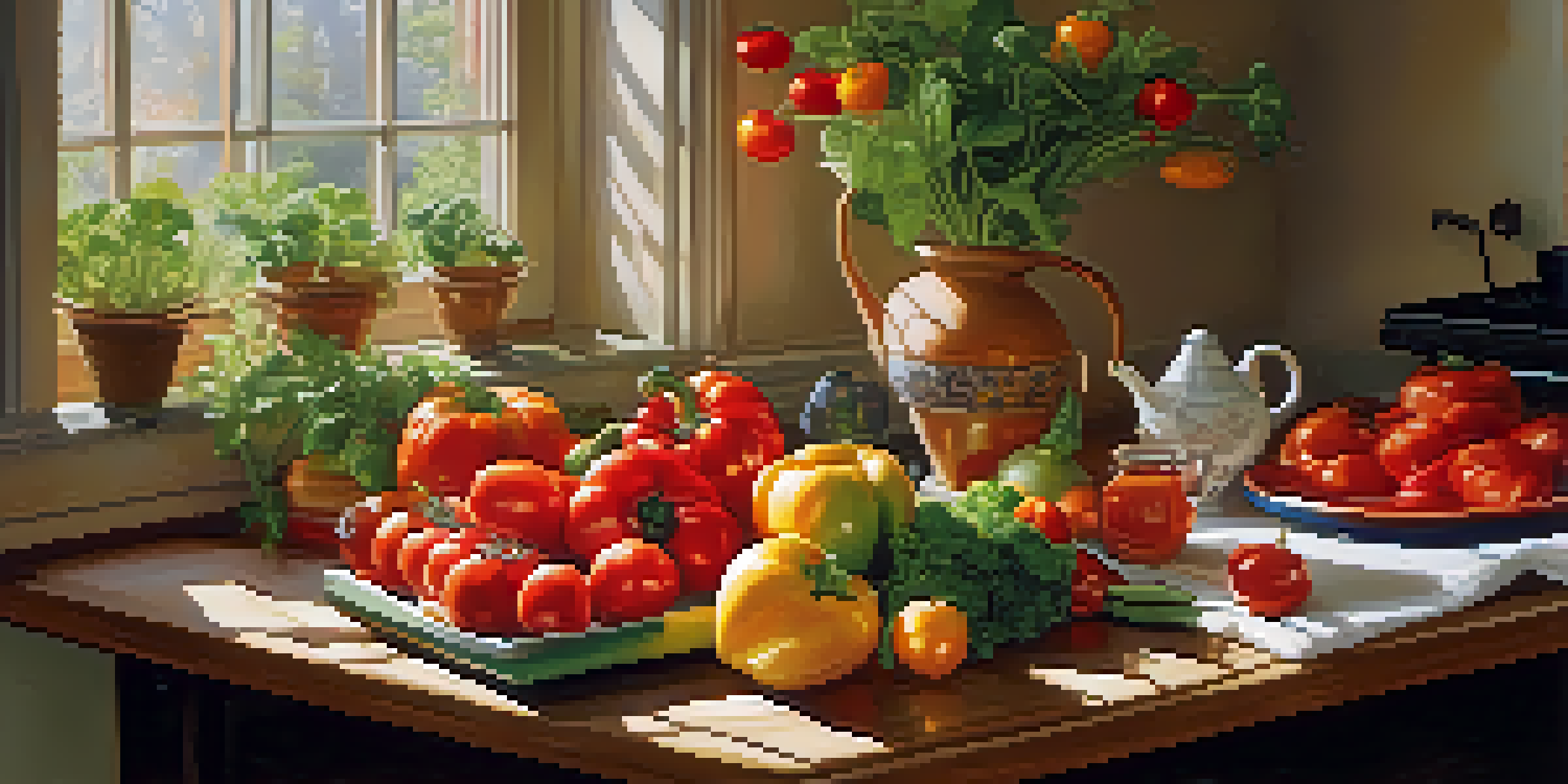 A cozy kitchen table filled with fresh fruits and vegetables, along with a cup of ginger tea, illuminated by warm sunlight.