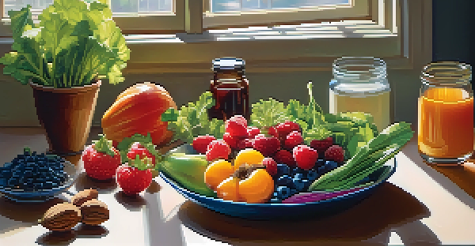 A bright kitchen table with fresh whole foods including berries, greens, and nuts, illuminated by soft morning light.