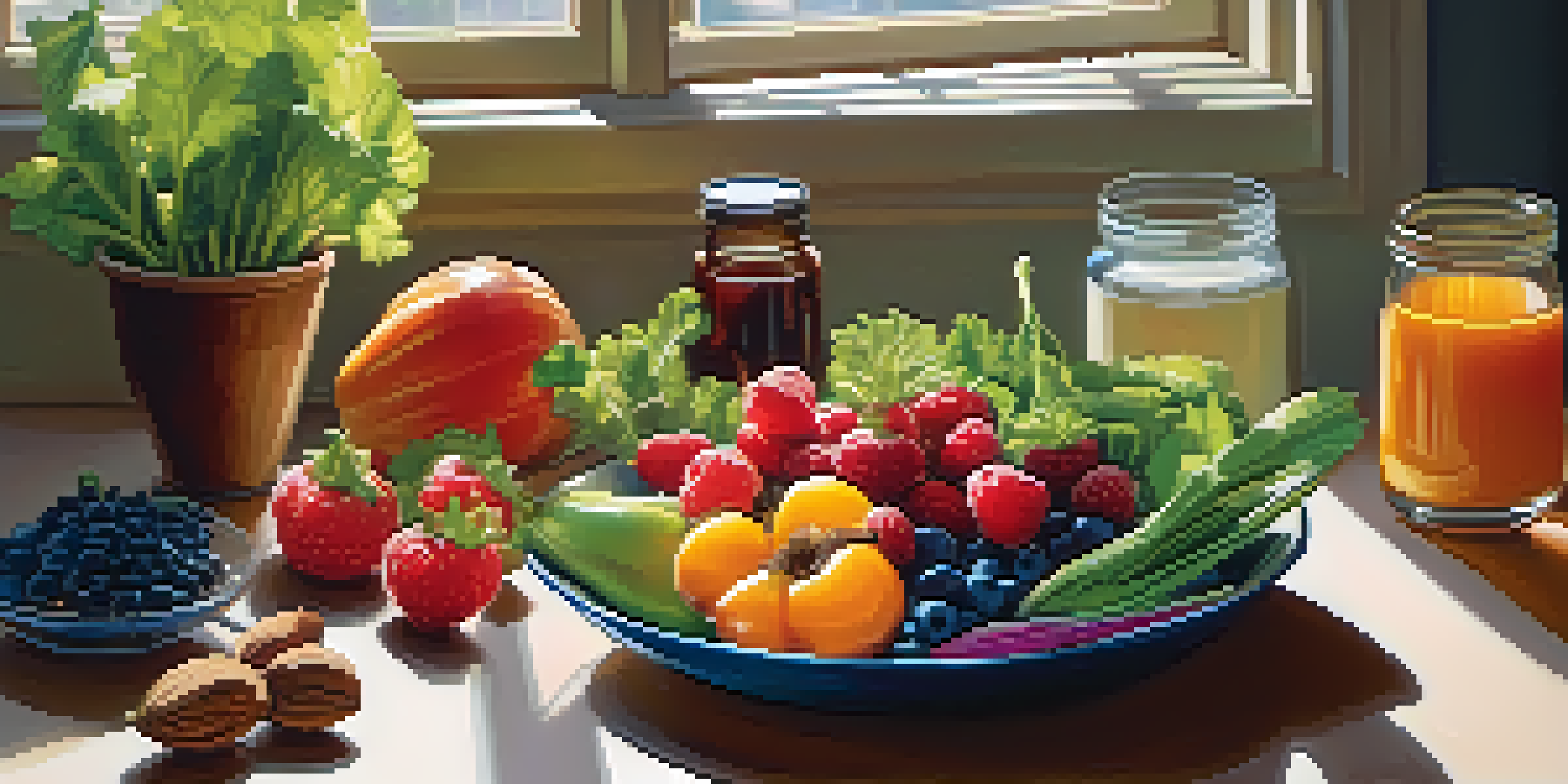 A bright kitchen table with fresh whole foods including berries, greens, and nuts, illuminated by soft morning light.