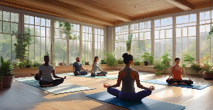 A diverse group of individuals practicing yoga in a bright and peaceful studio filled with plants and soft cushions.