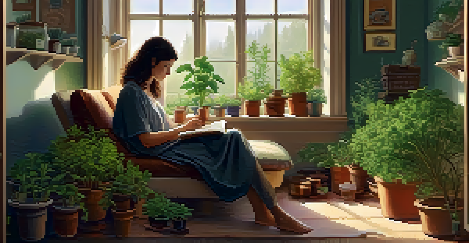 A person reading about herbal remedies in a cozy living room filled with potted herbs and a cup of herbal tea.