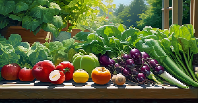 A vibrant garden with rows of colorful vegetables and fruits under sunlight, with a wooden bench and flowering plants, representing a healthy lifestyle.